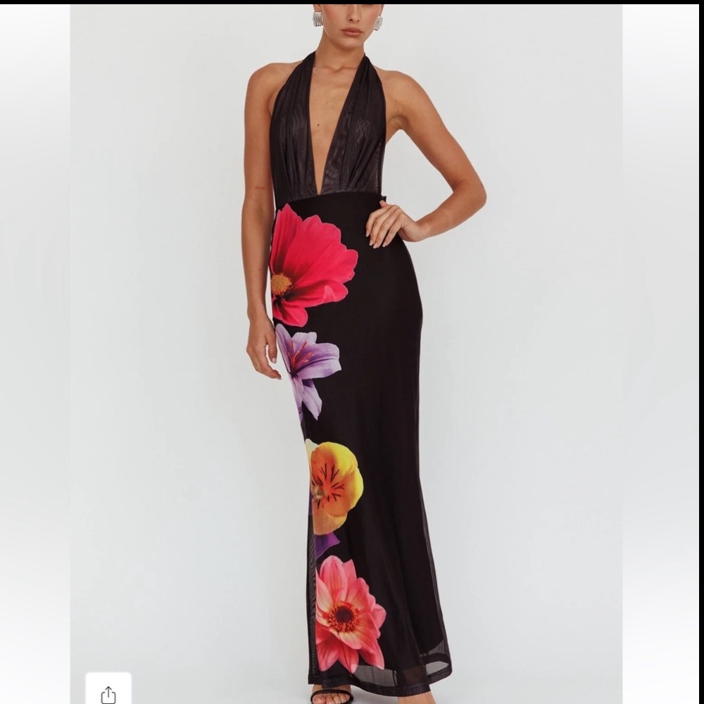Italia Azure Halterneck Maxi Dress Flowers Black